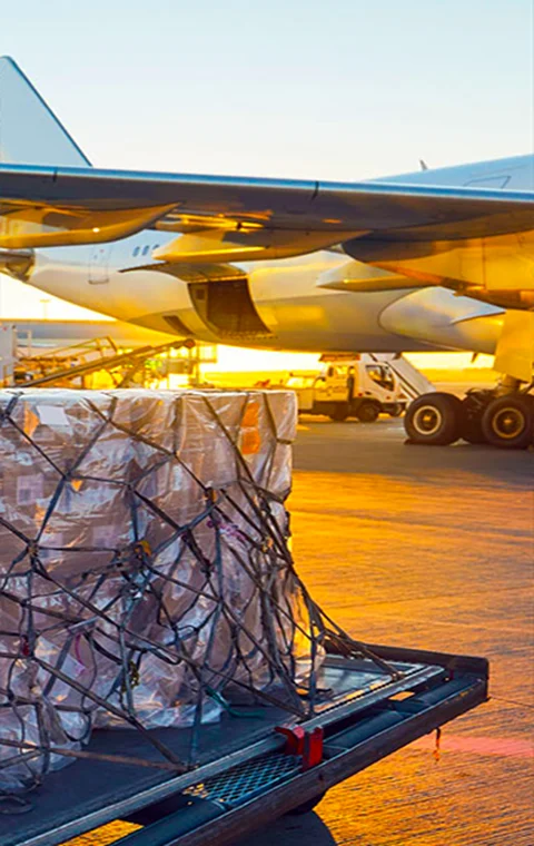 Cargo prepared for loading beside an aircraft