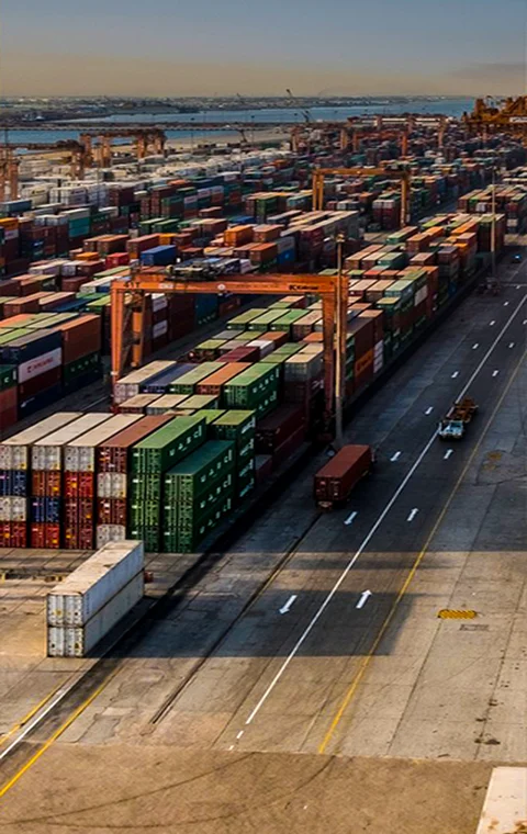 Stacked cargo containers at a shipping terminal